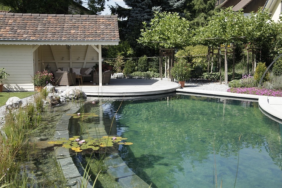 Schwimmteich in der Schweiz mit unkonventionellen Gestaltungsideen